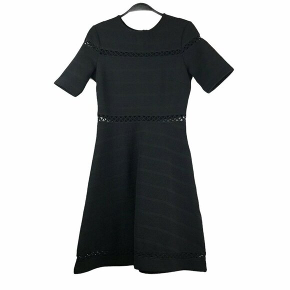 Topshop Dress Women's Sz 4 Black Openwork A Line Short Sleeve Zipper Mini Casual - Picture 1 of 8